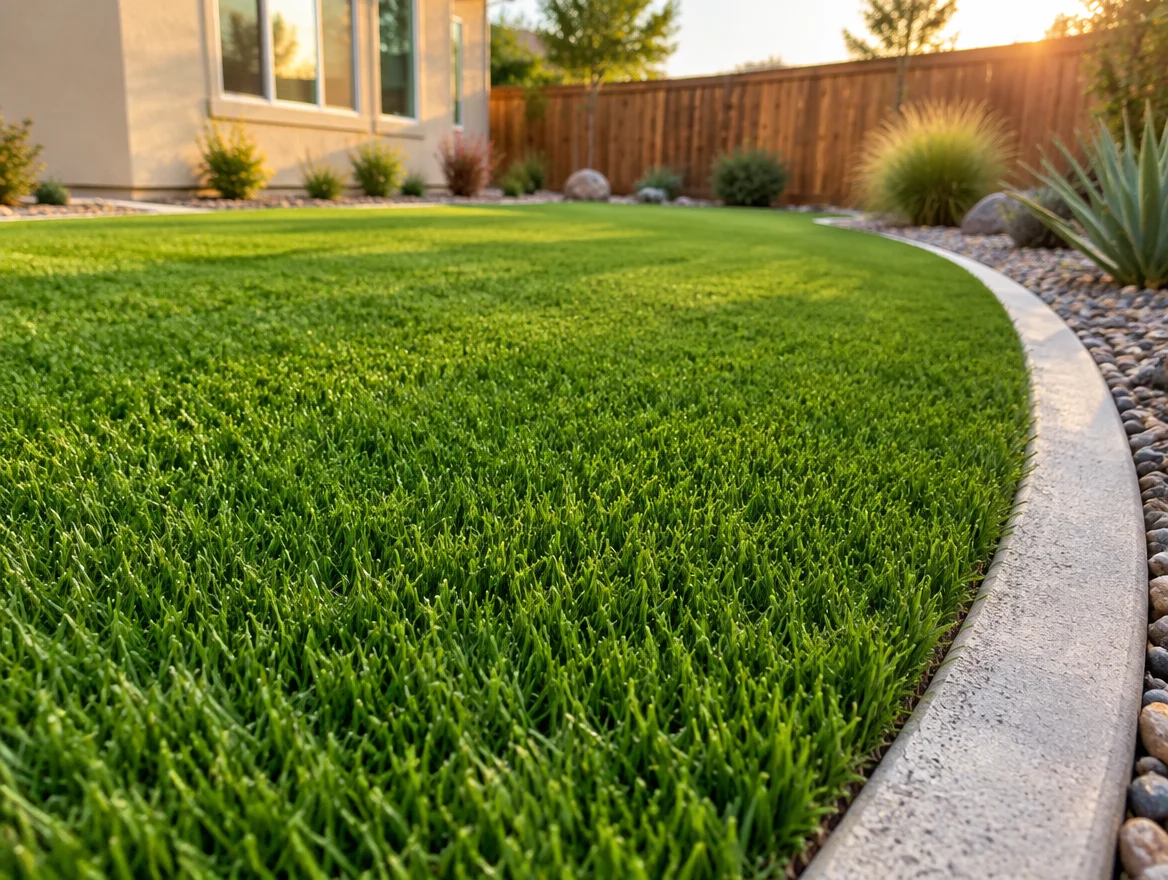 Freshly installed artificial turf in a Central Valley backyard